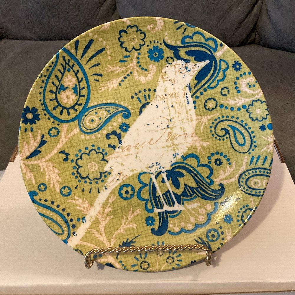 2014 Pier 1 Salad/Dessert Plate-BOHEMIAN BIRD-White Bird w/Green Paisley Ptn-EUC